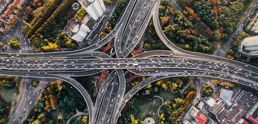 aerial photo of busy highway interchange
